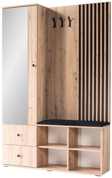 Beautysofa Garderobenschrank CAYA – modern, mit Sitzbank, Spiegel und Stauraum Flurmöbel-Set, Lamellen-Design & soft-close Funktion