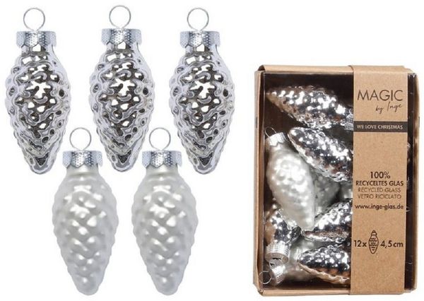 INGE-GLAS® Weihnachtsbaumkugel Christbaumschmuck Zapfen Glas H 4,5 cm 12 Stück silber matt/glänzend