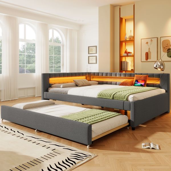 Merax Kinderbett, Doppelbett, Jugendbett, Daybett, Tagesbett, Schlafsofa, 140*200cm , Bett mit LED, USB + TYPE-C, Leinen, Grau