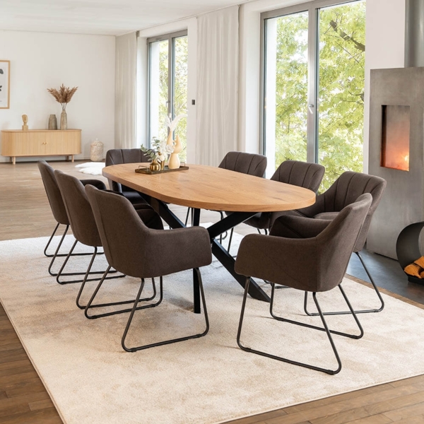 HOME DELUXE Essgruppe Oval Ausziehbar inkl. Sternfuß - 160 x 100 cm Light Oak 8 Stühle Anthrazit