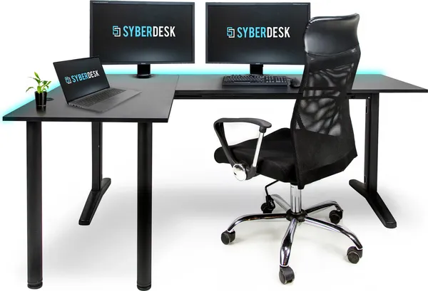 SyberDesk Gaming Eckschreibtisch V2 LED, 197 x 132 cm, RGB Gaming Tisch L-Form, USB-HUB, Kabelmanagement, L-förmiger Computertisch, (links, schwarz)
