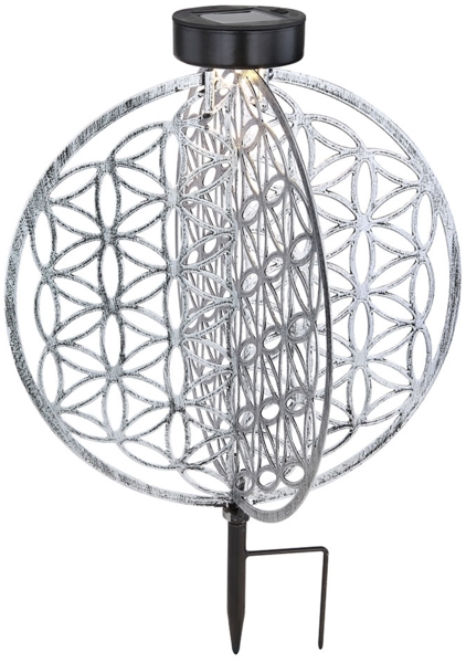 LED Solarleuchte, Lebensblume, silber-antik, rund, H 41 cm