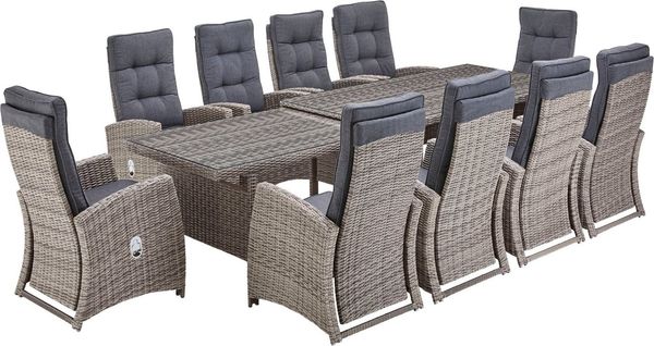 KONIFERA Garten-Essgruppe Monaco, (Set, 31-tlg, 10x Sessel, 1xTisch 200-366x100x75,5cm, inkl. Auflagen, Polyrattan,Alu), Rückenlehne verstellbar, Tischplatte aus 5mm starkem Sicherheitsglas