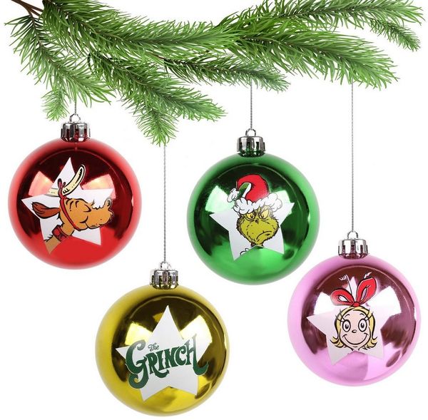 Sarcia. eu Weihnachtsbaumkugel The Grinch – Set Weihnachtsbaumkugeln aus Kunststoff, 8 cm, 4-teilig