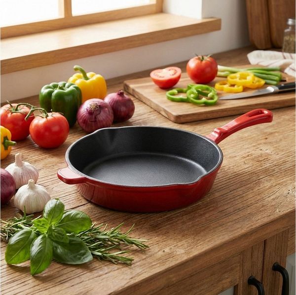Casativo Bratpfanne Gusseisen Pfanne Rot Ø 26cm Emailliert Bratpfanne für Induktion, Gusseisen, praktischer Ausgießer/(x H) - 26,3x5,2 cm/Griff&Gegengriff