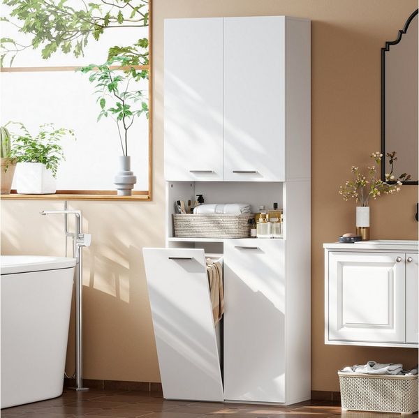 HOMCOM Badkommode ausklappbarer Wäschekorb (Badschrank, 1 St, Hochschrank), weißer Badezimmerschrank mit Soft-Close-Türen