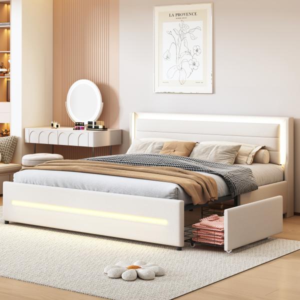 Merax Polsterbett 180*200 mit farbwechselnder LED-Beleuchtung, mit vier Ablagefächern, Leinenstoff, Doppelflachbett mit Lattenrost, Beige