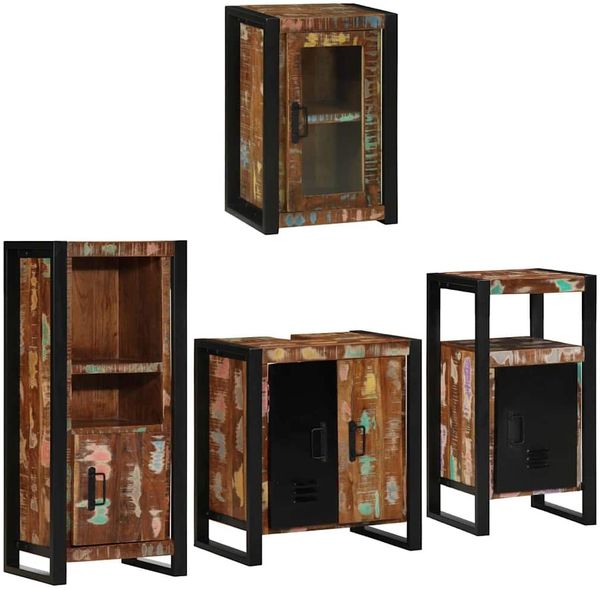 vidaXL Badezimmermöbel-Set mit Regal 4 pcs Mehrfarbig Massives Altholz 3305683