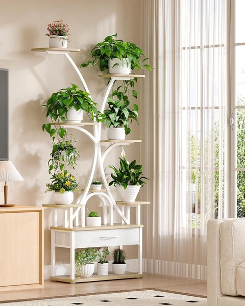 Pflanzenständer mit Wachstumslicht, 9-Ebenen Blumenständer mit 4 R-G LED-Leuchten, Farbe und Timing Einstellbar, 164 cm, Ideal für Wohnzimmer, Balkon, Garten, Weiß