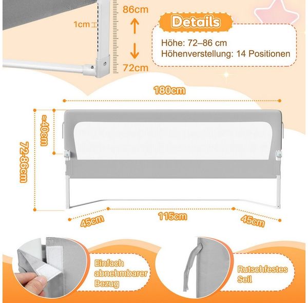 Clanmacy Bettschutzgitter 3X Bettgitter Babybettgitter Kinderbettgitter Kinder Rausfallschutz (180+200+200cm, 3 St)