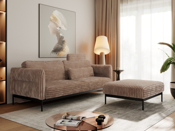 Sofa mit mobilen Fußhocker, schlaffunktion, Metallbeine, lose Kissen und Taschenfedern, Schlafsofa - SALENTO - Braun Cord