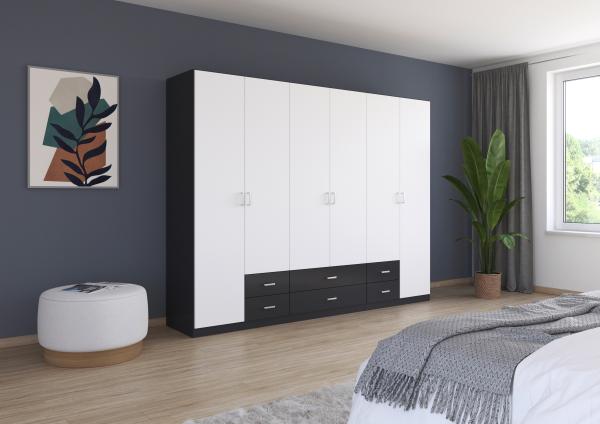 rauch Kleiderschrank, Drehtürenschrank GAMMA, 6-türig, 6 Schubkästen, Alpinweiß/Grau metallic, 271 x 210 x 54 cm