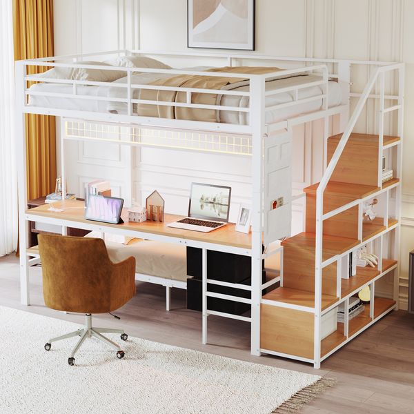 Metall-Hochbett,Multifunktionsbett mit Schreibtisch,LED,Mit Steckdosen,offenem Stauraum und Stoffschubladen-Oberbett 140*200,und Unterbett 90*200,Weiß