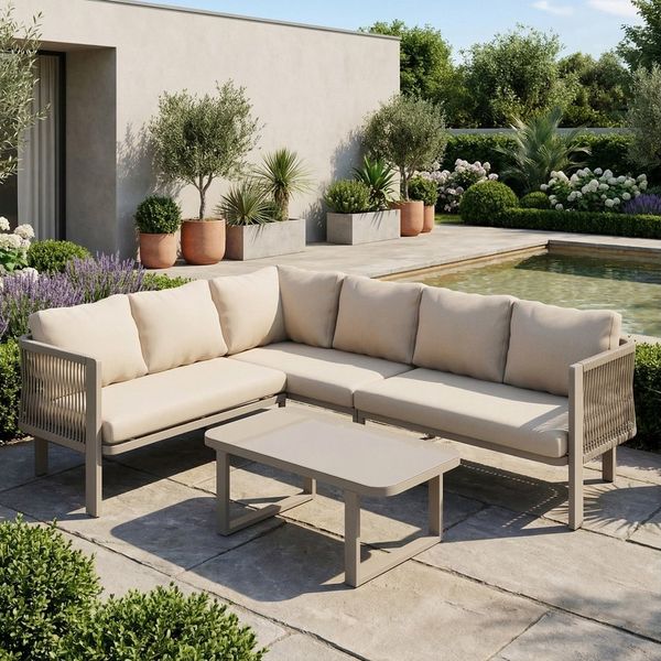 Flieks Gartenlounge-Set, 6-Sitzer Gartenmöbel-Set mit Glas-Tischplatte und Teslin-Seilflechten