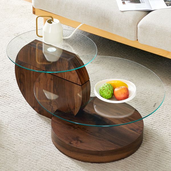 Couchtisch mit Glasplatten H 44 x T 90 x B 70 cm, mehrstufig, MDF in Walnussoptik, modern-minimalistisch