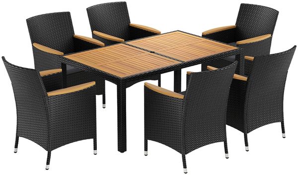 STEELSØN 'Fawaris' Polyrattan Sitzgruppe Outdoor 7-tlg, Gartenmöbel Set aus 6 Stühlen und Tisch inkl. Kissen, Akazienholz, schwarz, wetterfest für 4 Personen Bild 11