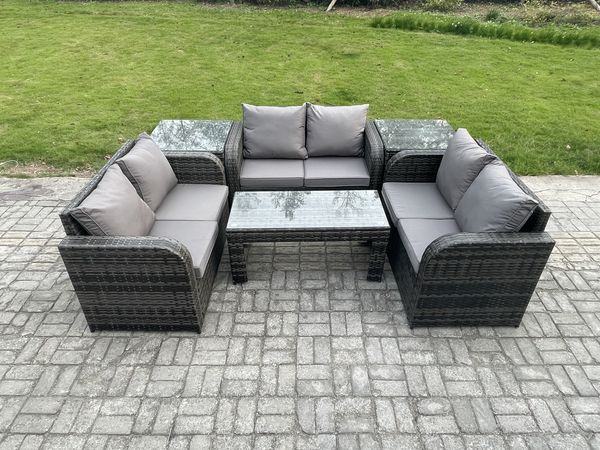 Fimous 6-Sitzer Polyrattan Gartenmöbel Set Patio Sofa Set mit Couchtisch Loveseat Sofa 2 Beistelltischen Dunkelgrau Gemischt