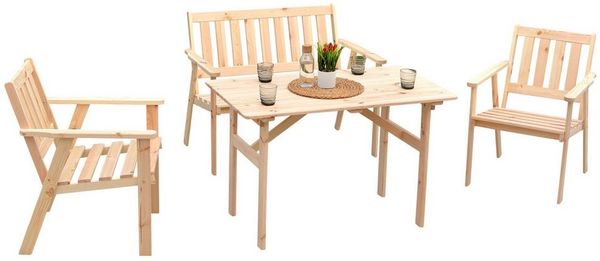 MERXX Garten-Essgruppe Sylt, (4-tlg, 2x Sessel, 1x Bank, 1x Tisch), Kiefernholz