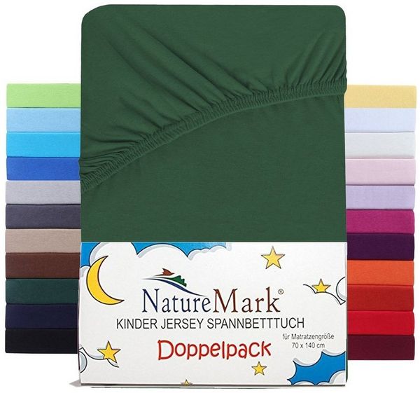 NatureMark 2er Pack Kinder Jersey Spannbettlaken, Spannbetttuch 100% Baumwolle in vielen Größen und Farben MARKENQUALITÄT ÖKOTEX Standard 100 | 70x140 cm - dunkel grün