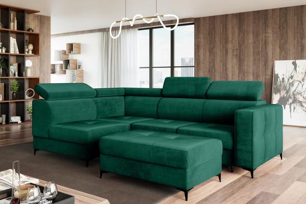 MEBLINI Schlafcouch mit Bettkasten - DORIAN - 263x232x89cm Links – Grün Samt - Ecksofa mit Schlaffunktion - Sofa mit Relaxfunktion und Kopfstützen - Couch L-Form - Eckcouch - Wohnlandschaft