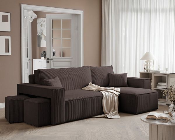 Ecksofa Schlafsofa Sofa ADARA inkl. Hocker Stoff Poso Dunkelbraun Ottomane Rechts