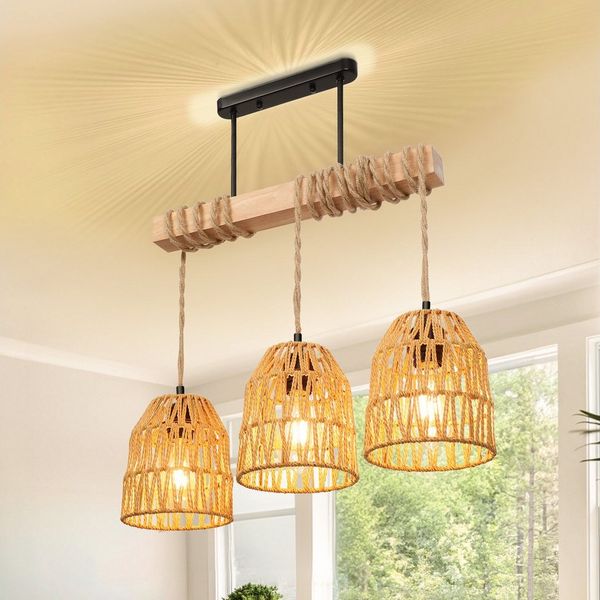 MUPOO Pendelleuchte 3-flammige Holz Hängeleuchte aus Rattan-Schirm/Holz,Höhenverstellbar, LED wechselbar,mit 3 Glühbirnen,für Esszimmer Küche Wohnzimmer