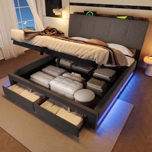 Polsterbett mit LED-Streifen, Schubladen, Lattenrost, Aufbewahrung, USB und Type-C, 140x200 cm, gepolsterter Kopfteil mit Regal, Stauraumbett, Leinen