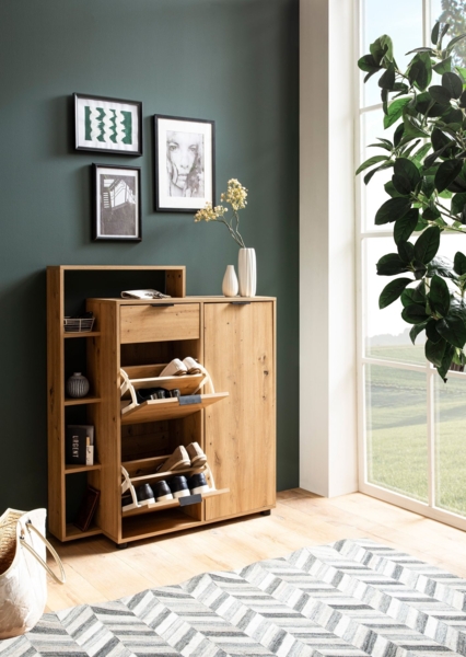 Schuhschrank Eiche-Dekor 98 x 110 x 30 cm Schuhkipper Geschlossen, Schuhkommode mit Schublade Modern, Flurschrank mit Regal und Ablage, Schuhaufbewahrung Flurkommode für Schuhe Hoch Bild 6