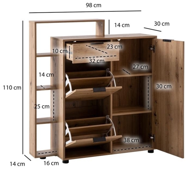 Schuhschrank Eiche-Dekor 98 x 110 x 30 cm Schuhkipper Geschlossen, Schuhkommode mit Schublade Modern, Flurschrank mit Regal und Ablage, Schuhaufbewahrung Flurkommode für Schuhe Hoch Bild 4