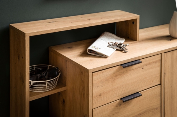 Schuhschrank Eiche-Dekor 98 x 110 x 30 cm Schuhkipper Geschlossen, Schuhkommode mit Schublade Modern, Flurschrank mit Regal und Ablage, Schuhaufbewahrung Flurkommode für Schuhe Hoch Bild 5