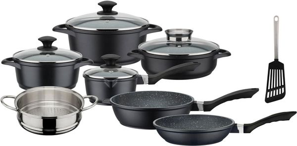 GSW Topf-Set Gourmet Granit, Aluminiumguss (Set, 12-tlg, Kochtopf 20/24, Stieltopf 16, Pfanne 20/24, Bräter, Dampfeinsatz), Induktion