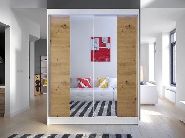 Kleiderschrank Metropolis II, mit RGB LED Beleuchtung, Farbe: Weiß / Artisan Eiche