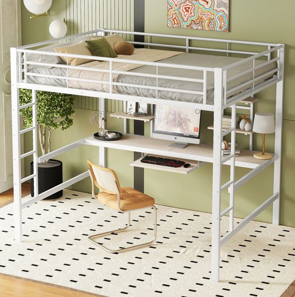 Hochbett 140x200 cm mit Schreibtisch und 2 Regalen – Metallbett in Weiß