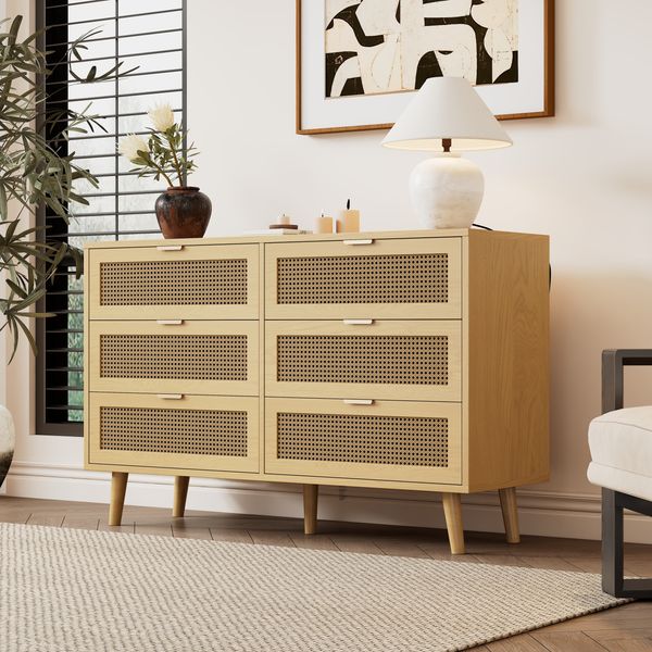 Kommode 120x40x76,5 cm, 6 Schubladen, Eichen-Optik mit Massivholzbeinen, Walnuss