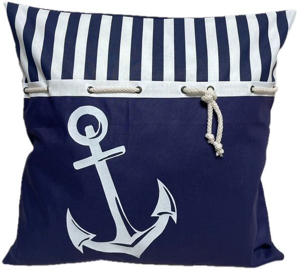 Ammerkind Dekokissen Maritimer Kissenbezug " Anker" blau/weiß, Kissenbezug ohne Füllung, 100% Handarbeit