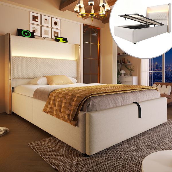 Polsterbett 90x200 cm mit LED-Beleuchtung, Stauraum & USB-Ladestation, hohes Kopfteil,Beige