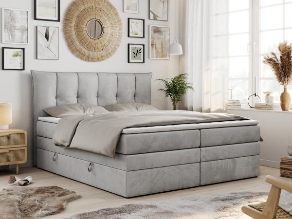 Boxspringbett 7-Zonen Taschenfederkernmatratze und Topper - PREMIUM-10-KING - 160x200cm - Hellgrau Velours - H4