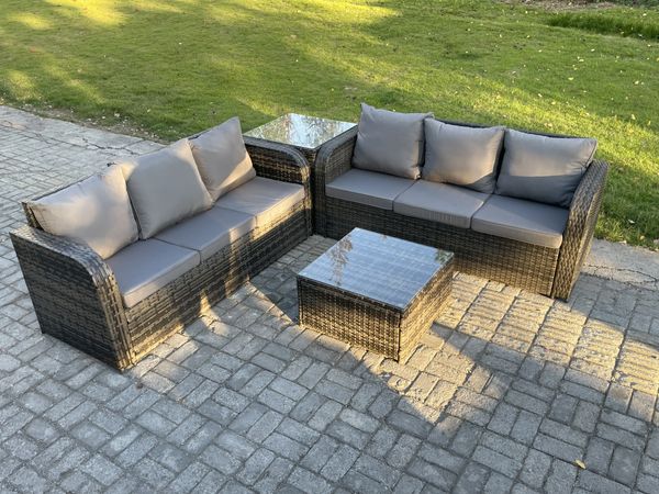 Fimous Rattan-Gartenmöbel 6-Sitzer Set Patio Tisch Sofa Stuhl Set mit Graue Kissen Beistelltisch