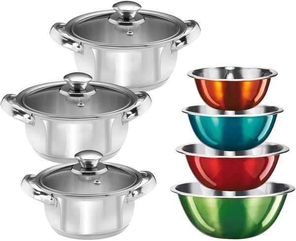 KING Topf-Set EDELSTAHL, Edelstahl (Set, 10-tlg, 3 Töpfe Ø 16/18/20 cm inkl. Glasdeckel, 4 Schüsseln), Induktion