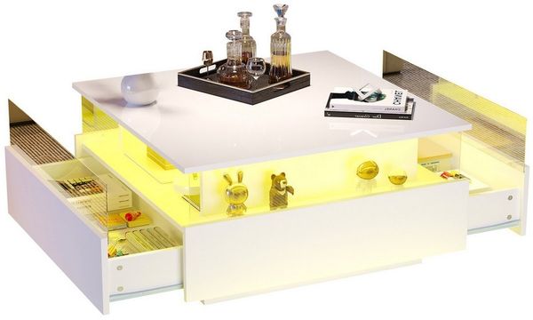 Merax Couchtisch Couchtisch hochglanz Wohnzimmertisch mit LED-Beleuchtung (Beistelltisch, Sofatisch, Kaffeetisch, L70/B70/H41 cm), Sofatisch mit 2 Schublade, großen Stauraum,Glas-Präsentationsbereich