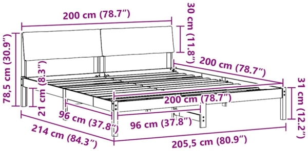 vidaXL Bettgestell Braun und hellgrau 200 x 200 cm Massivholz Kiefer 3394328 Bild 10