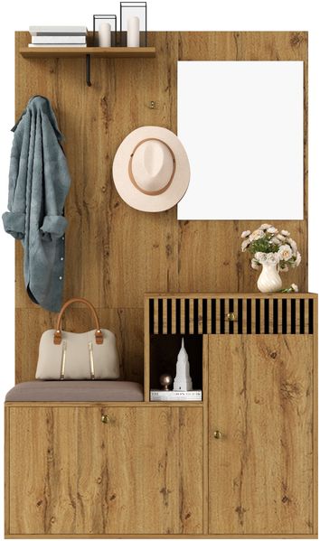 Garderobenset, Kompaktgarderobe, Flurgarderobe mit Spiegel und Polsterkissen, Flurschrank, Wohnwand, Regal, Flur- und Dielengarderobenpaneele, Schuhschrank, (B x H x T): 110 x 185,5 x 37 cm