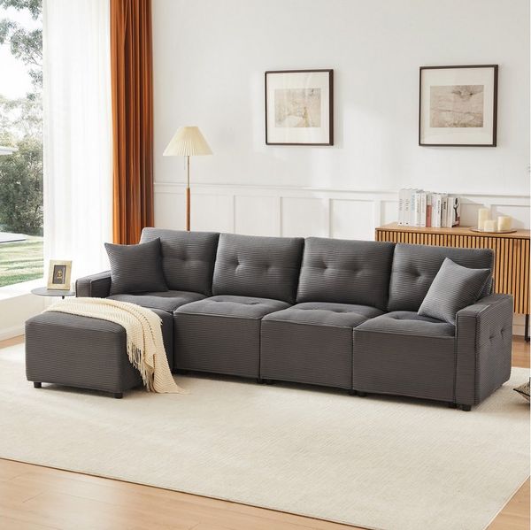 Merax Ecksofa 4-Sitzer Sofa, Cord-Sofa mit Stauraum, 1 Teile, Polstersofa für Apartment & Wohnzimmer