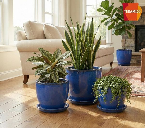 Teramico Blumentopfuntersetzer Keramik Untersetzer Royal Blau – Ø 49 cm (XXL) – Wasserdicht & Handgef, Zubehör für Alle Holzkisten 50x40x30cm, 100% Frostfest