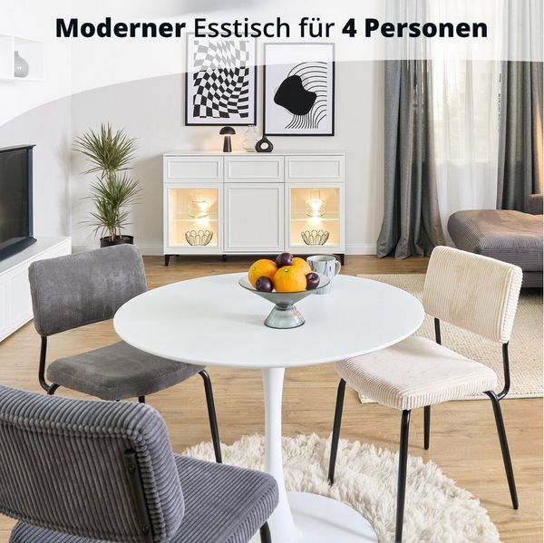 KHG Esstisch Rund 90 cm Durchmesser, Weiß, bis 120 kg belastbar, Tischplatte lackiert, minimalistisches Design, für bis zu 4 Personen