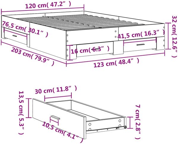vidaXL Bettgestell mit Schubladen Grau Sonoma 120x200 cm Holzwerkstoff 3280396 Bild 10
