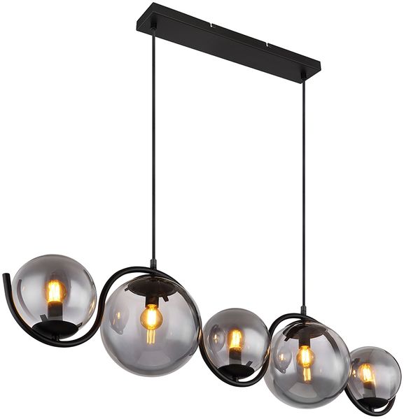 Hängeleuchte, 5 Flammig, Glas rauch, schwarz, L 100 cm