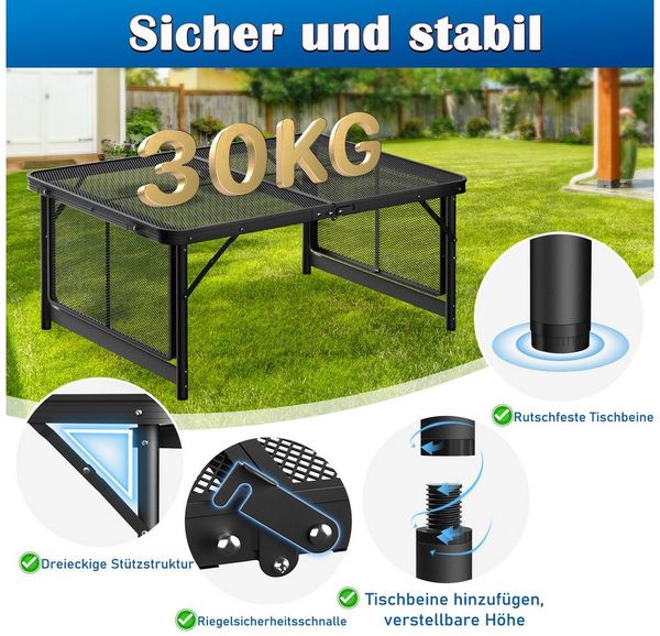 FIVMEN Campingtisch Camping Beistelltisch Klappbar 90×60cm Metallgitterplatte Gartentisch, Höhenverstellbarer Camping Tisch Outdoor Picknicktisch Klapptisch