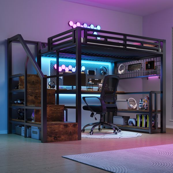 Hochbett, 140 x 200 cm, Eisenrahmen, Lagerregal, Hängendes Gitter, LED-Lichtleiste, Schreibtisch, Treppenkonstruktionen mit Stauraum,mit 2 USB-Anschlüssen und 1 Typ-C-Buchse, Ohne Matratze, Schwarz