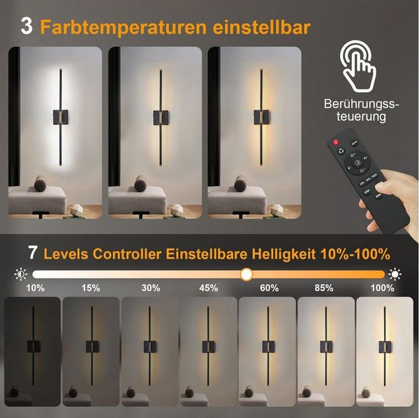 MUPOO Wandleuchte LED Wandleuchte Batteriebetrieben, Fernbedienung, Wandlampe Kabellos, Dimmbar 3000-6000K, LED fest integriert, Modern Wandleuchten, Wiederaufladbar